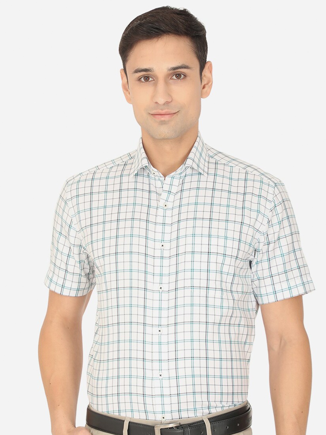 

Greenfibre Men White Regular Fit Tartan Checks Checked Formal Shirt