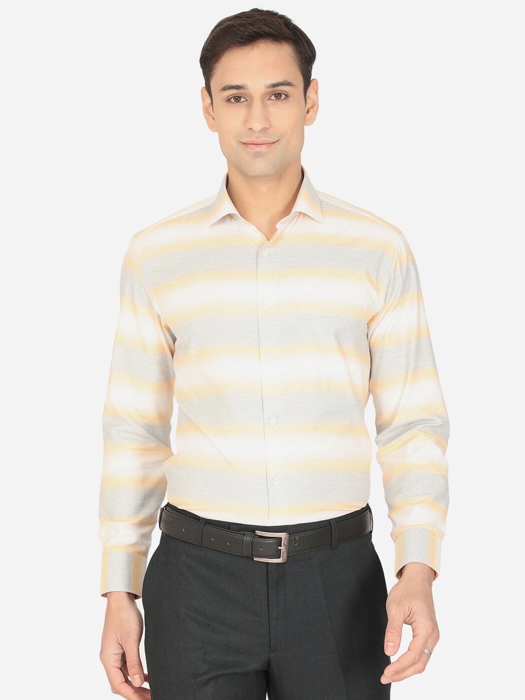 

Greenfibre Men Yellow Grey Slim Fit Horizontal Stripes Striped Formal Shirt