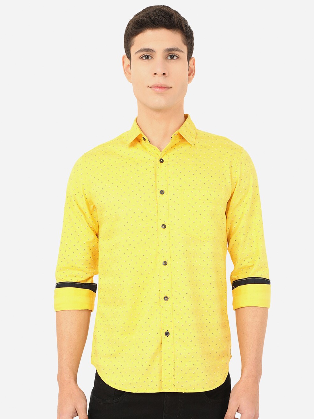 

Greenfibre Men Yellow Slim Fit Printed Pure Cotton Casual Shirt