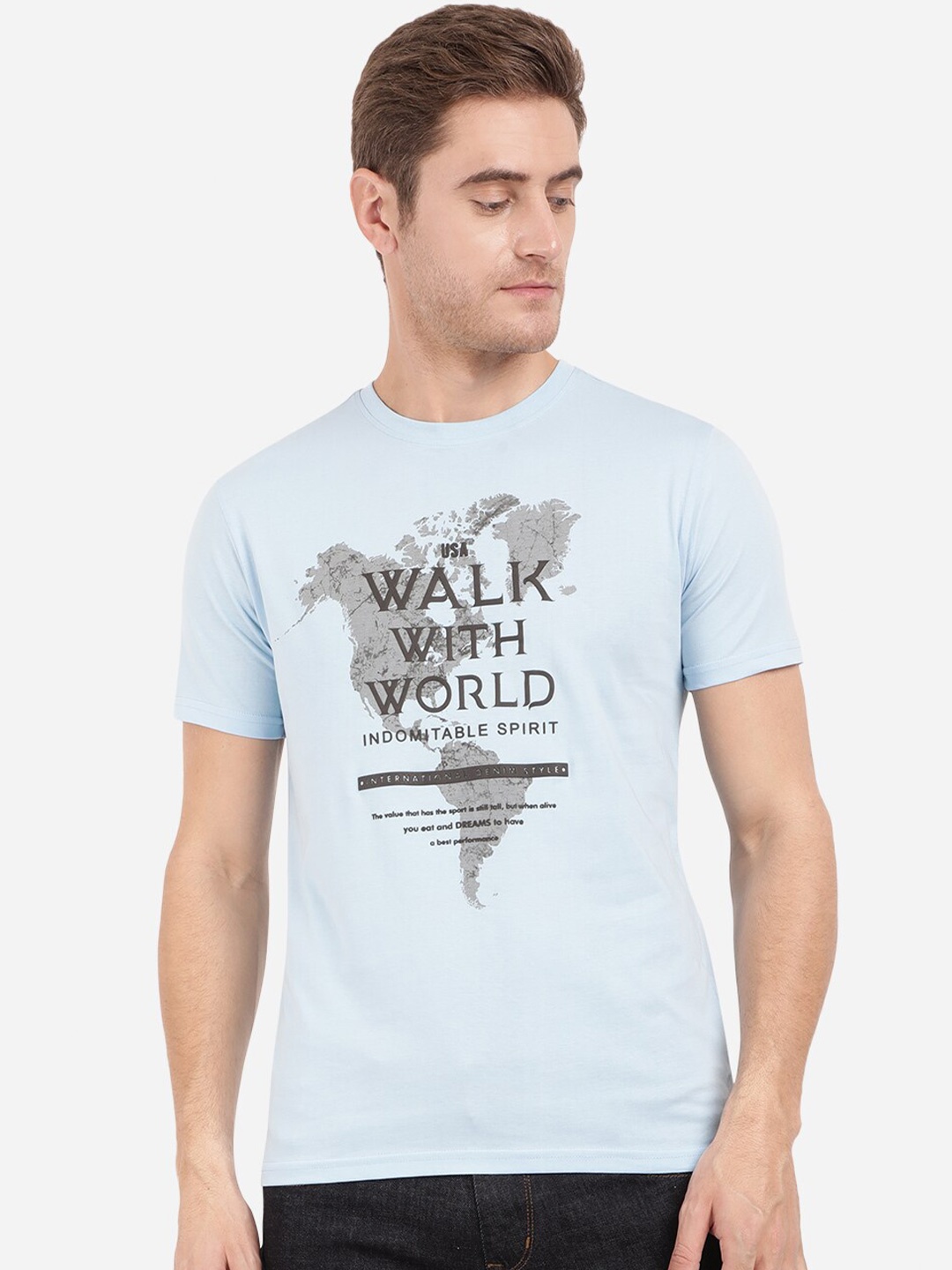 

Greenfibre Men Turquoise Blue Typography Printed Slim Fit Outdoor T-shirt