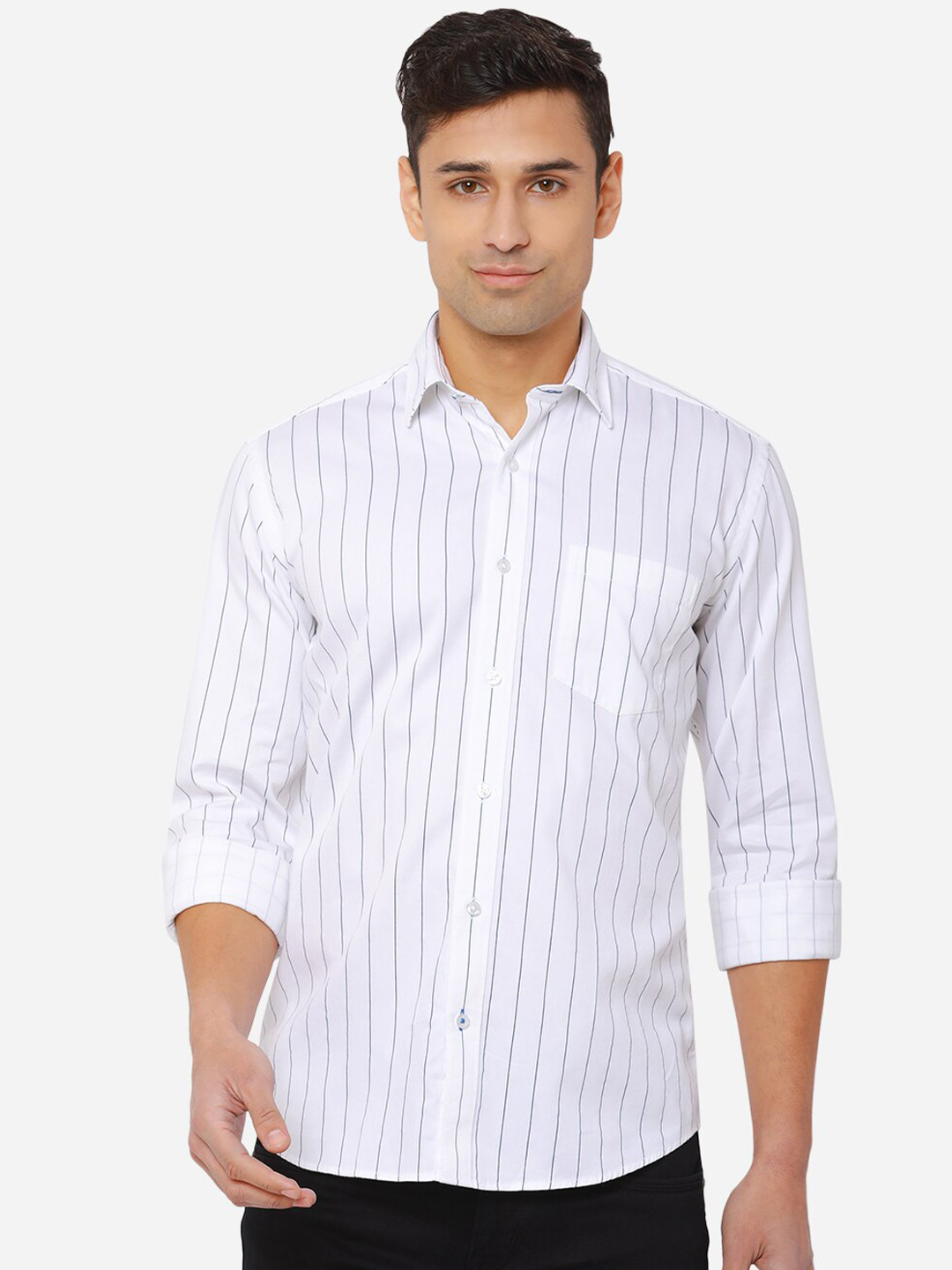 

Greenfibre Men White Slim Fit Striped Pure Cotton Casual Shirt