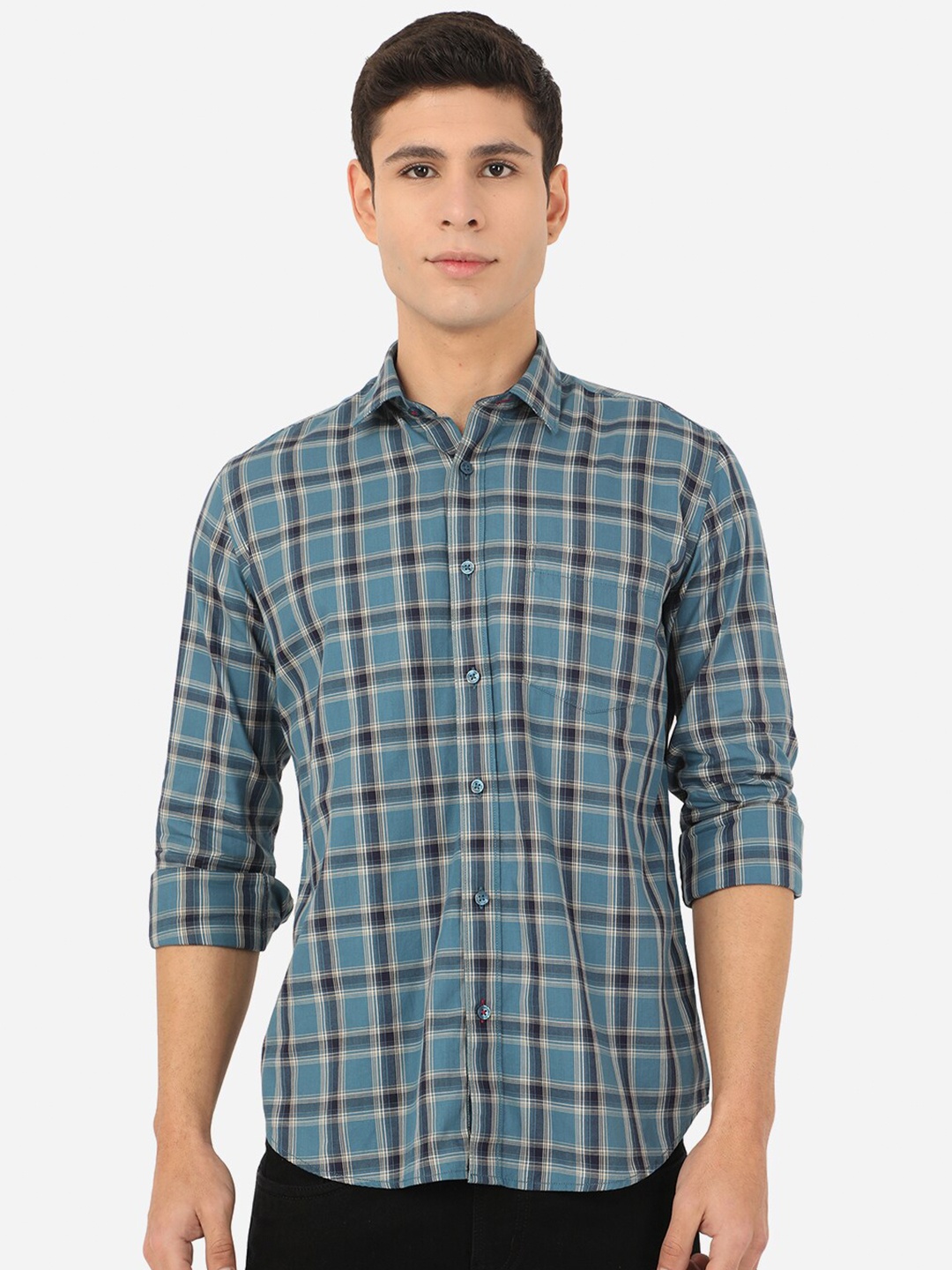 

Greenfibre Men Blue Slim Fit Tartan Checks Cotton Casual Shirt