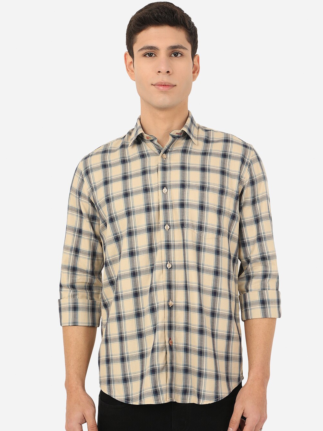 

Greenfibre Men Beige Checked Slim Fit Pure Cotton Casual Shirt