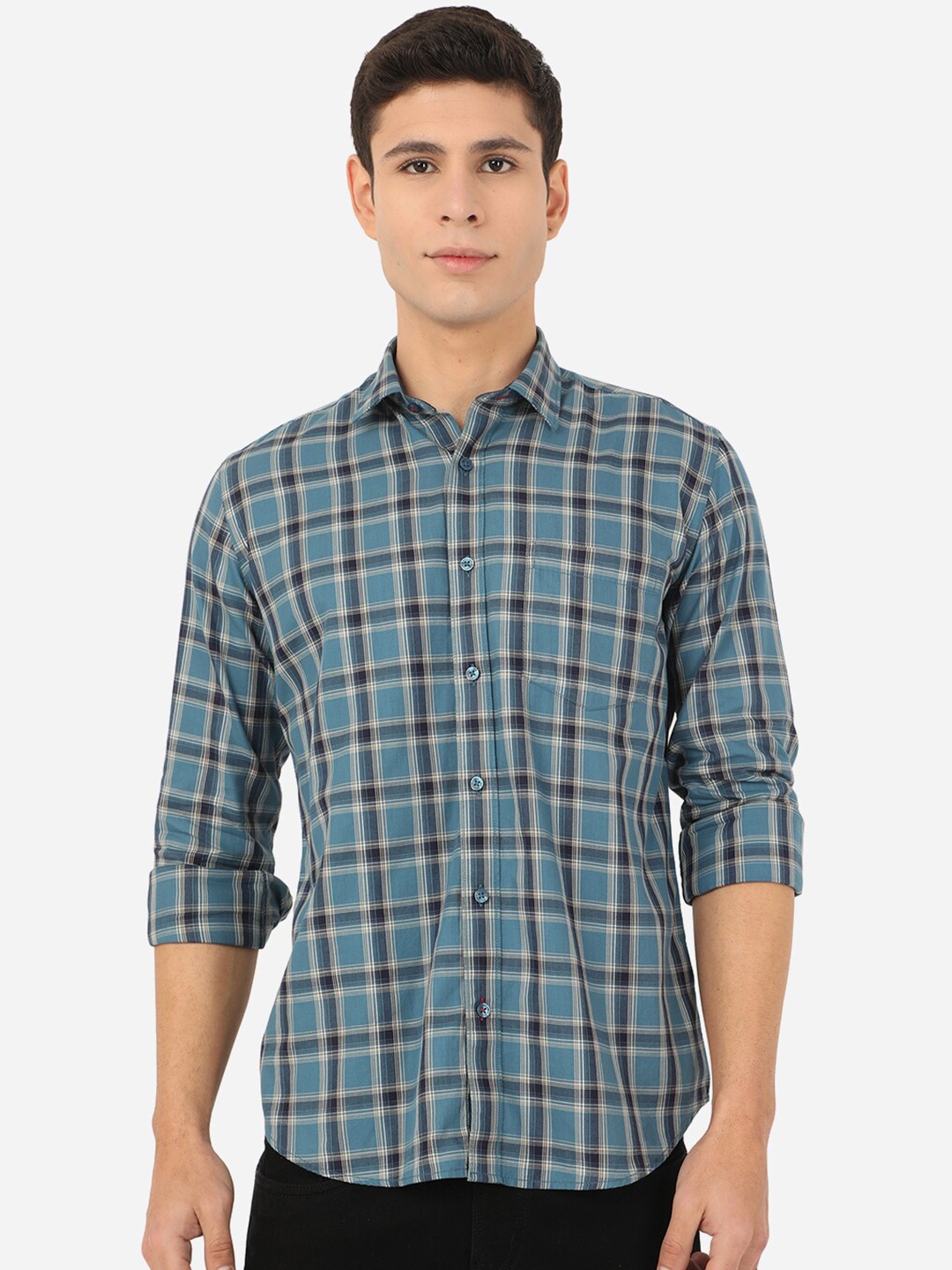 

Greenfibre Men Blue Slim Fit Tartan Checks Checked Pure Cotton Casual Shirt