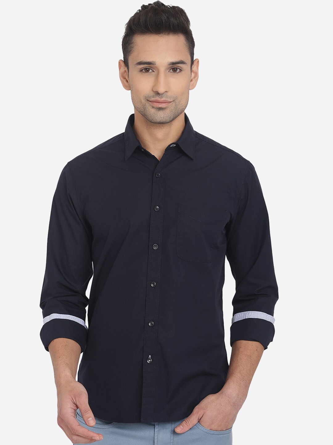 

Greenfibre Men Blue Solid Slim Fit Pure Cotton Casual Shirt