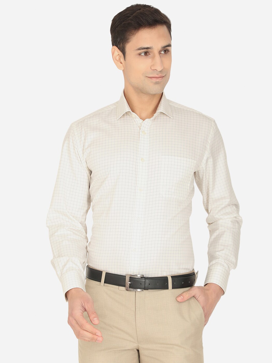 

Greenfibre Men Cream-Coloured Grid Tattersall Checked Regular Fit Formal Shirt