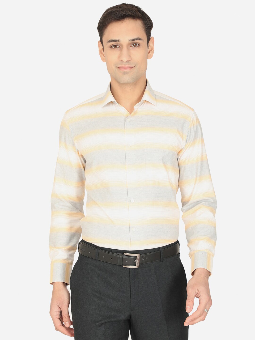 Greenfibre Men Yellow & Grey Slim Fit Horizontal Stripes Striped Formal Shirt