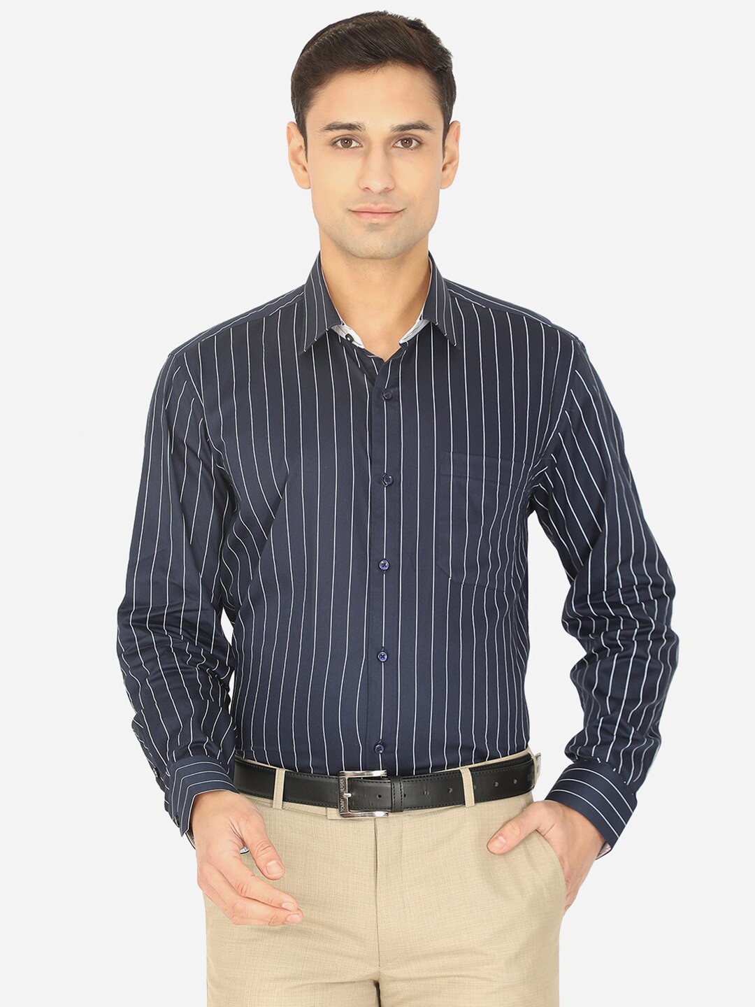 

Greenfibre Men Navy Blue Slim Fit Striped Cotton Formal Shirt