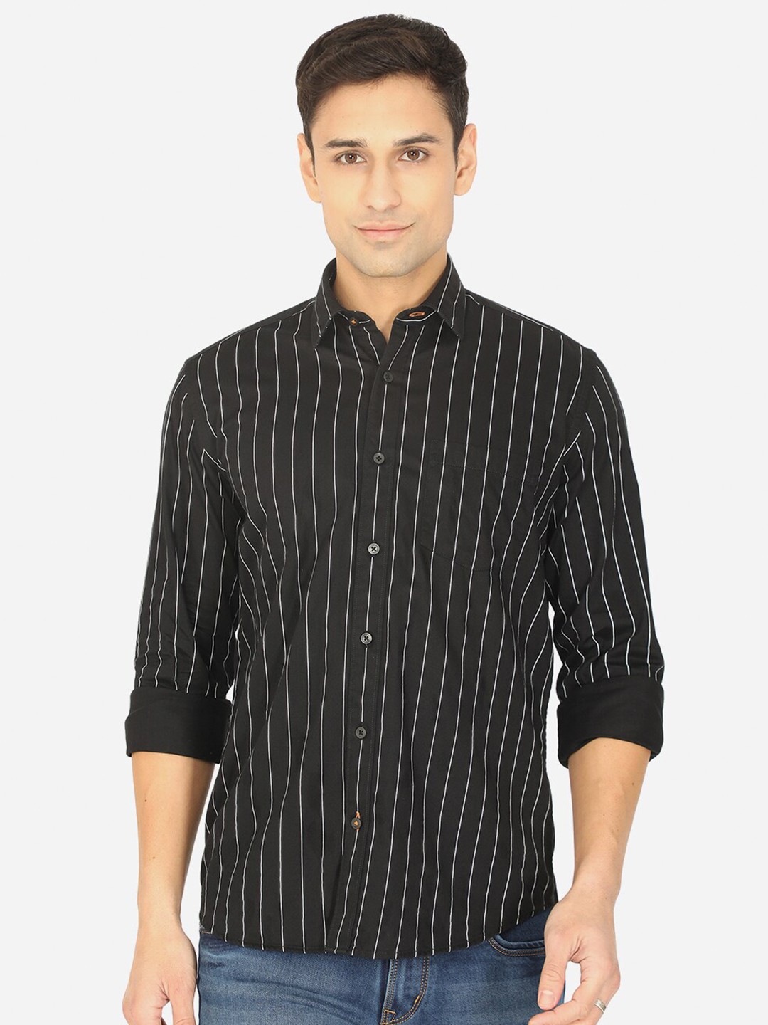 

Greenfibre Men Black Slim Fit Striped Pure Cotton Casual Shirt