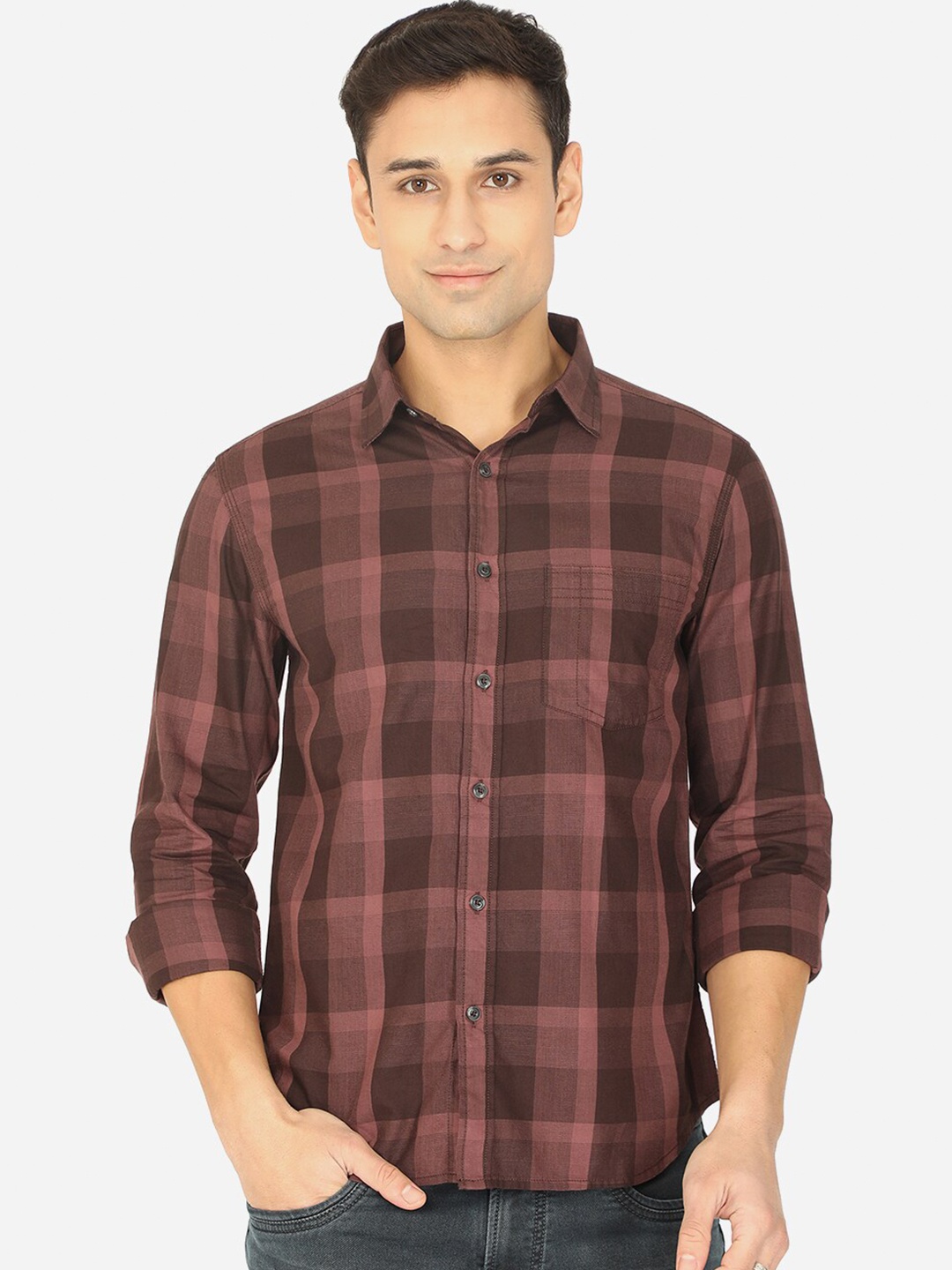

Greenfibre Men Brown Slim Fit Checked Pure Cotton Casual Shirt