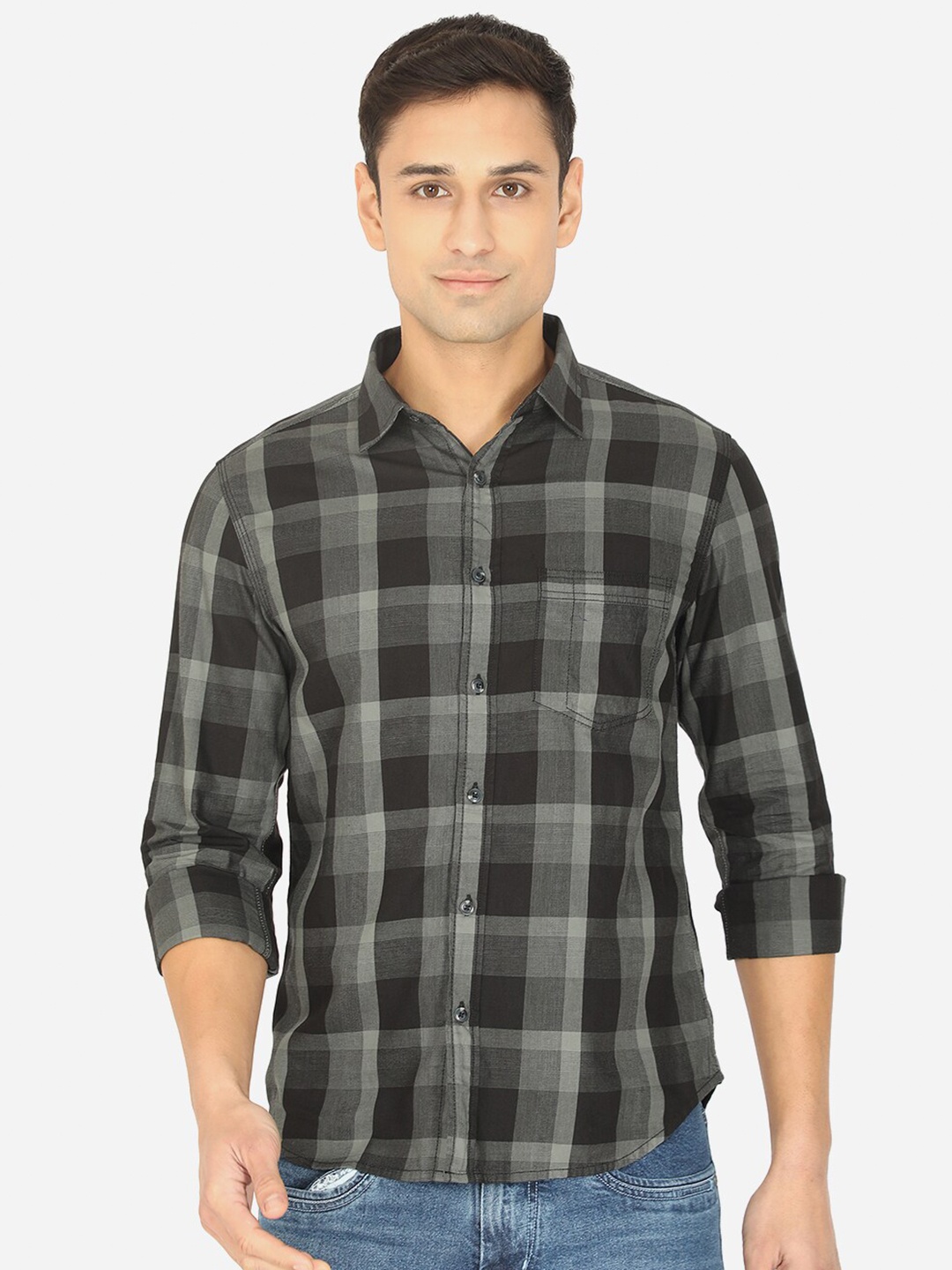 

Greenfibre Men Black Slim Fit Buffalo Checks Checked Pure Cotton Casual Shirt