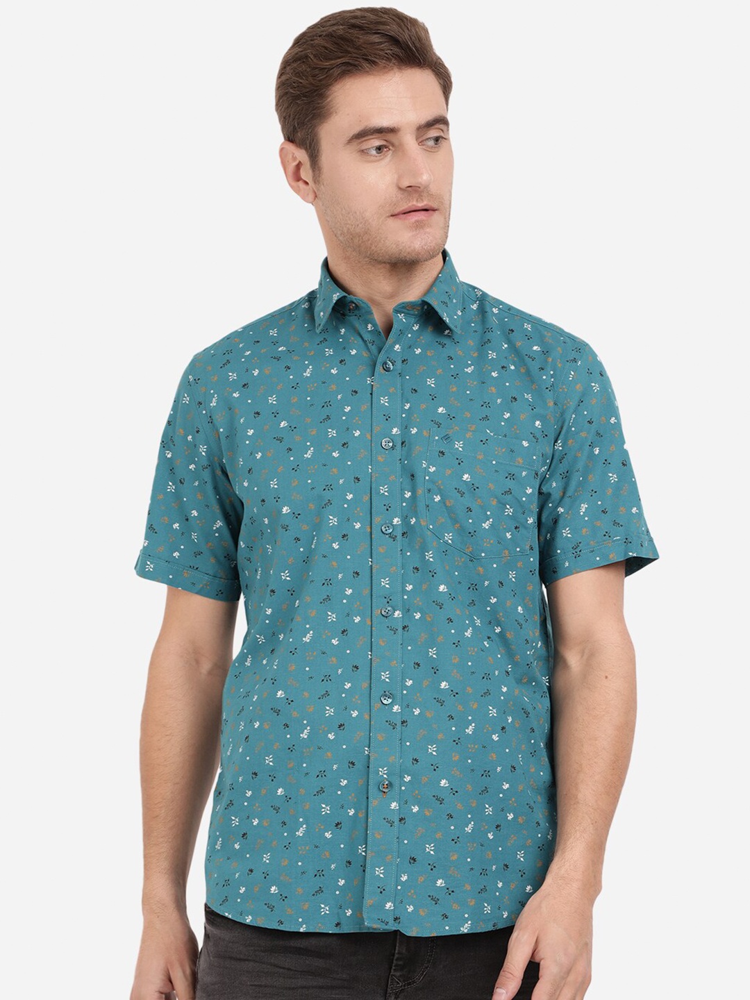 

Greenfibre Men Floral Printed Slim Fit Pure Cotton Casual Shirt, Blue