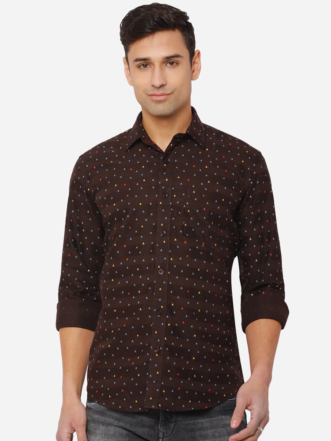 

Greenfibre Men Brown Micro Ditsy Printed Slim Fit Pure Cotton Casual Shirt