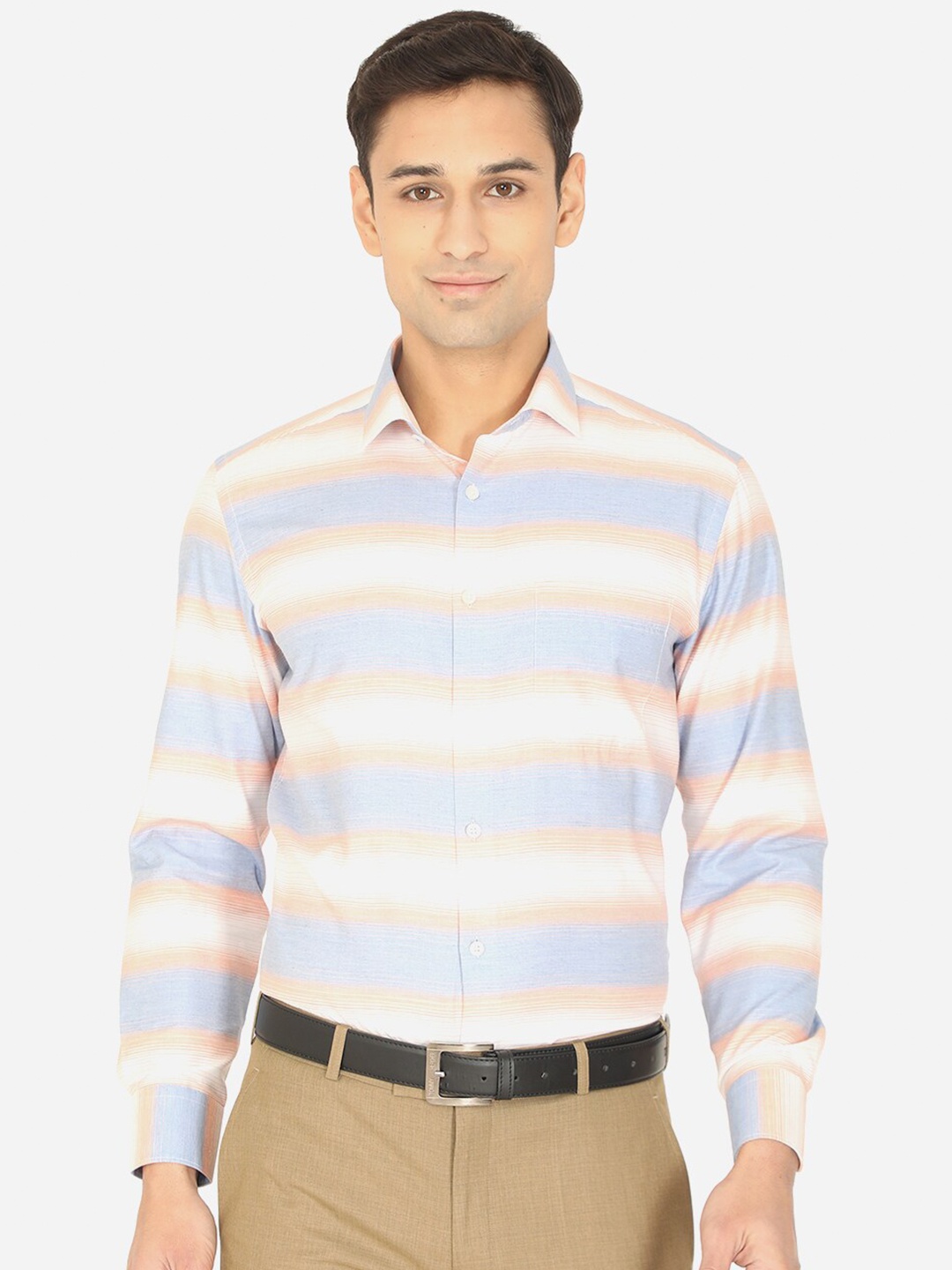 

Greenfibre Men Orange Slim Fit Horizontal Stripes Striped Formal Shirt