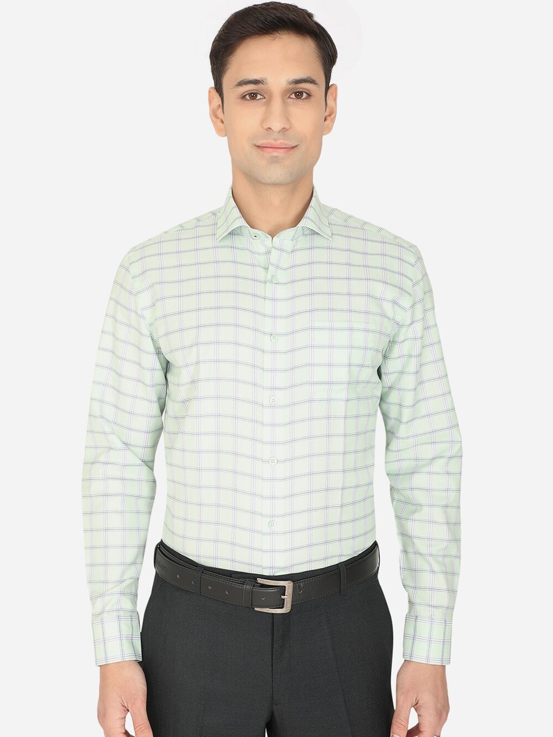 

Greenfibre Men Mint Green & Blue Checked Formal Shirt