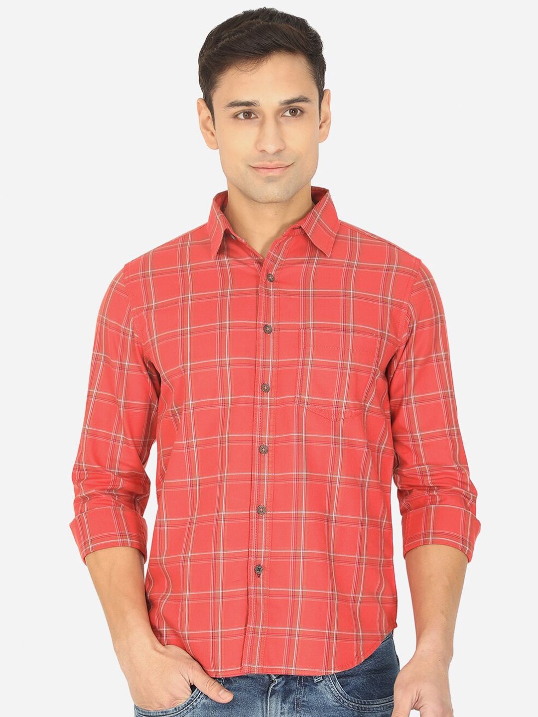 

Greenfibre Men Red Slim Fit Windowpane Checks Cotton Casual Shirt