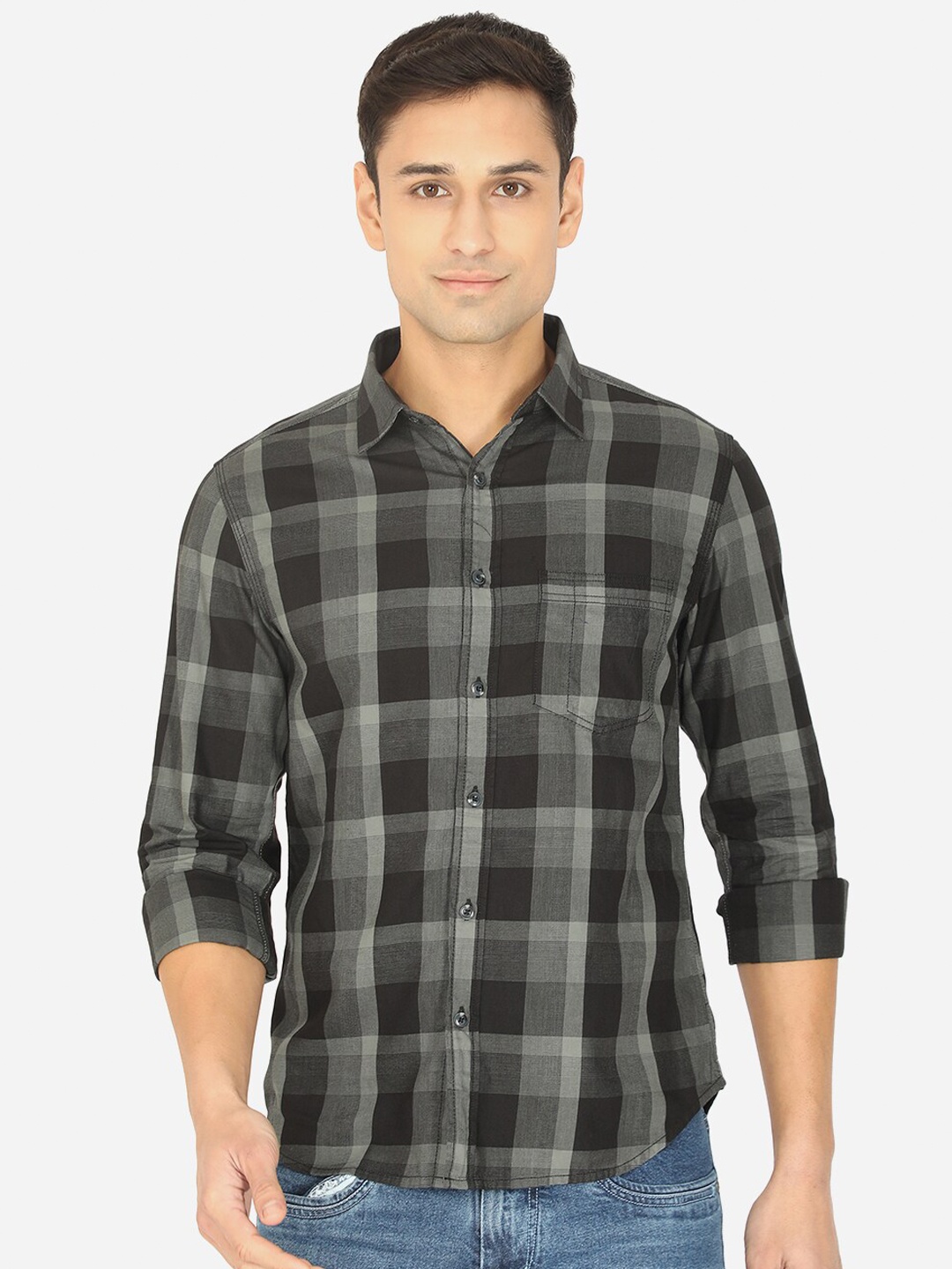 

Greenfibre Men Green Slim Fit Buffalo Checks Pure Cotton Casual Shirt