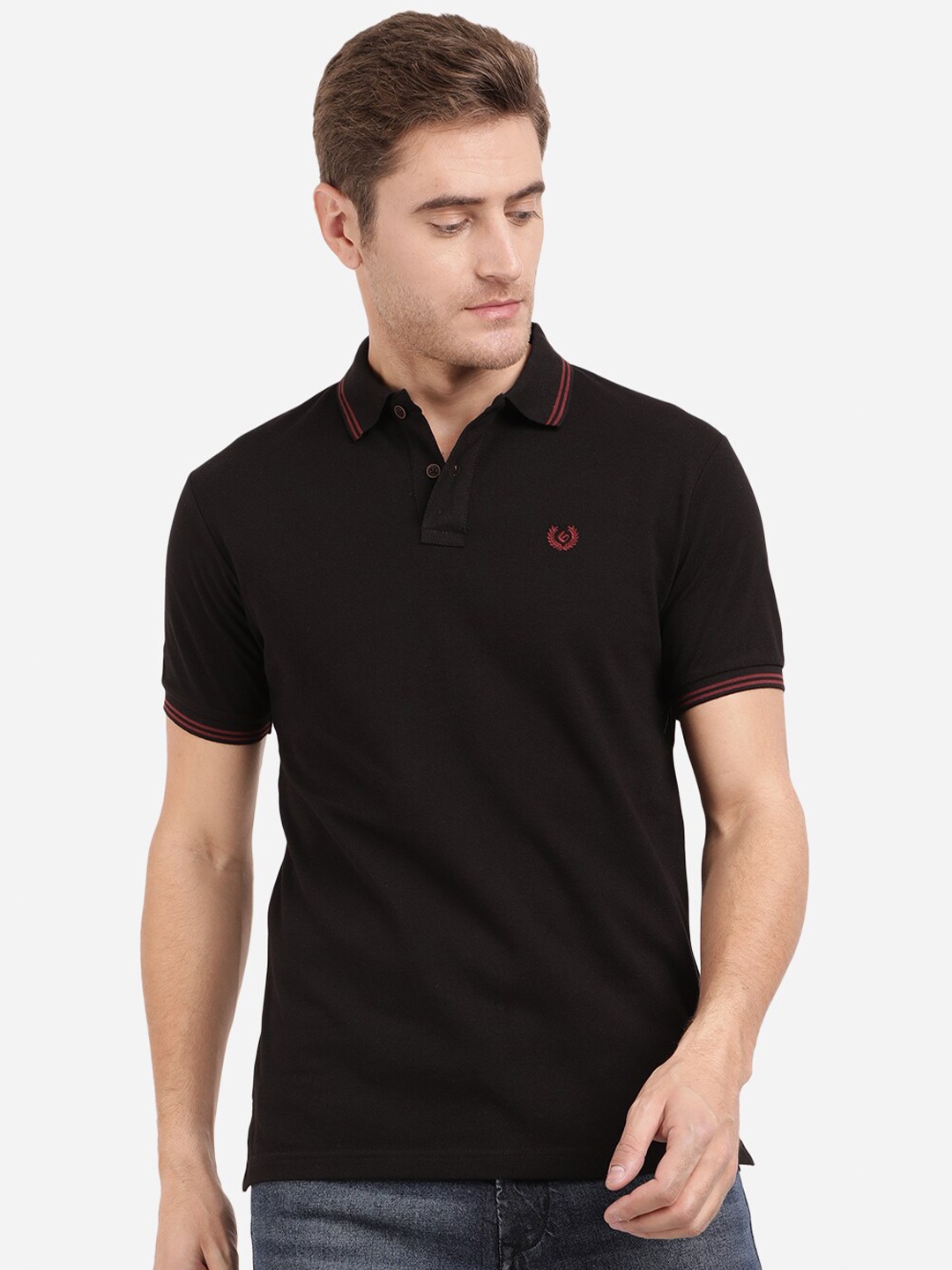 

Greenfibre Men Black Polo Collar Slim Fit T-shirt