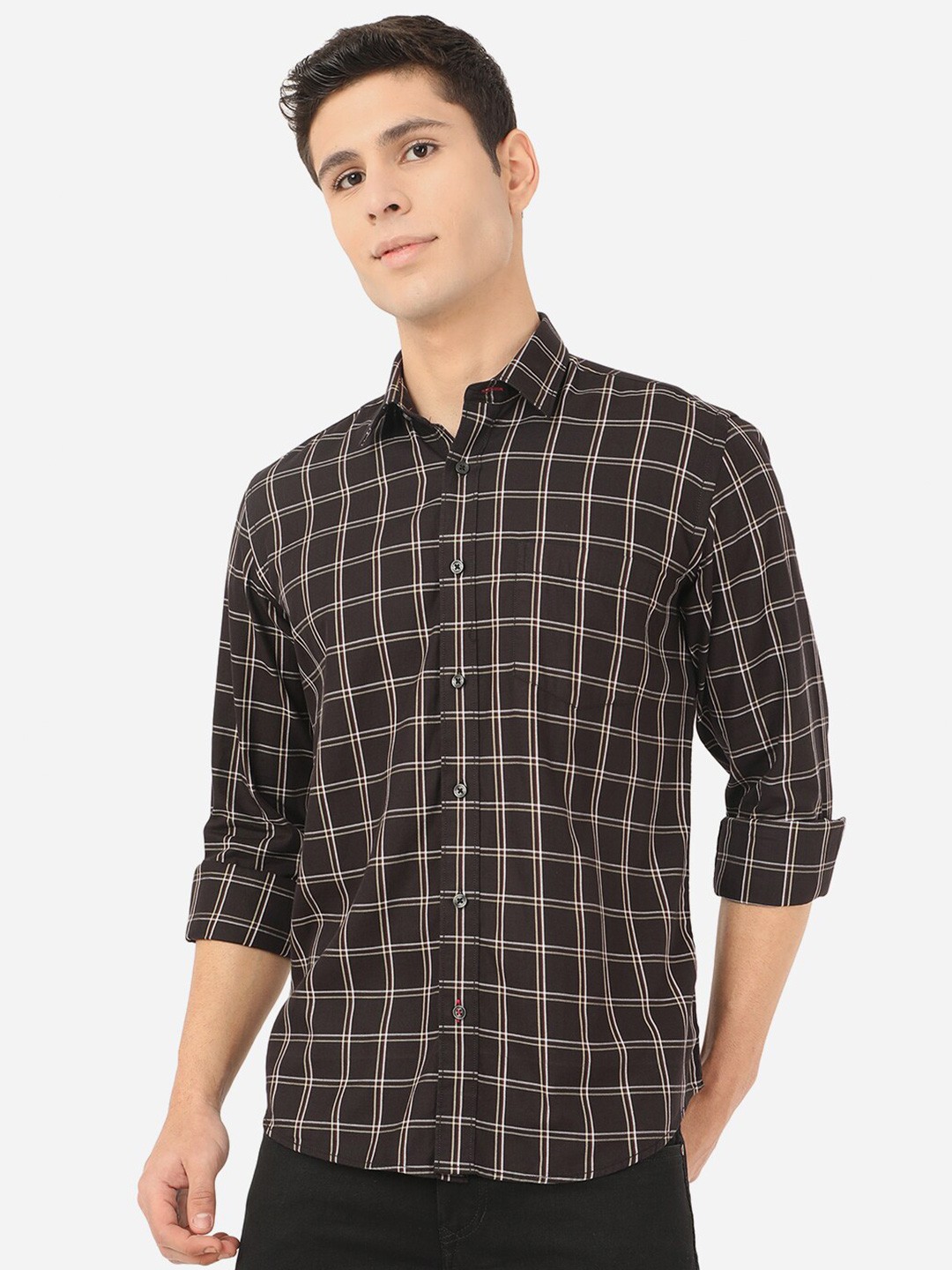 

Greenfibre Men Black Slim Fit Windowpane Checks Checked Pure Cotton Casual Shirt