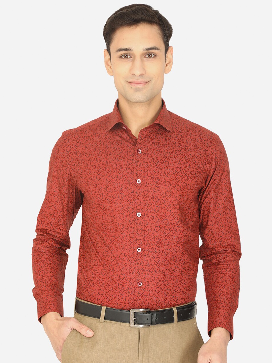 

Greenfibre Men Rust Slim Fit Floral Printed Formal Shirt