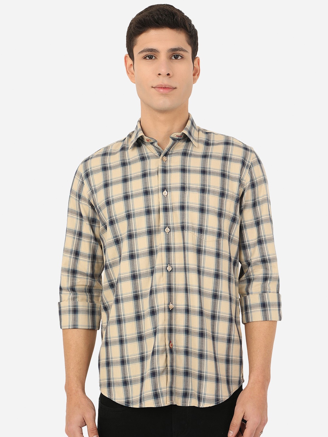 

Greenfibre Men Beige Slim Fit Checked Pure Cotton Casual Shirt