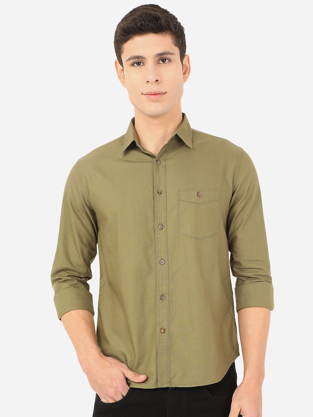 

Greenfibre Men Olive Green Slim Fit Pure Cotton Casual Shirt