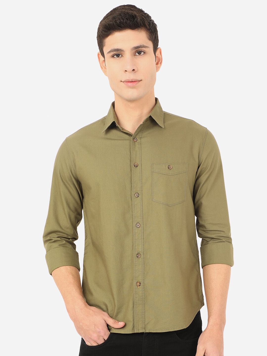 

Greenfibre Men Olive Green Slim Fit Pure Cotton Casual Shirt