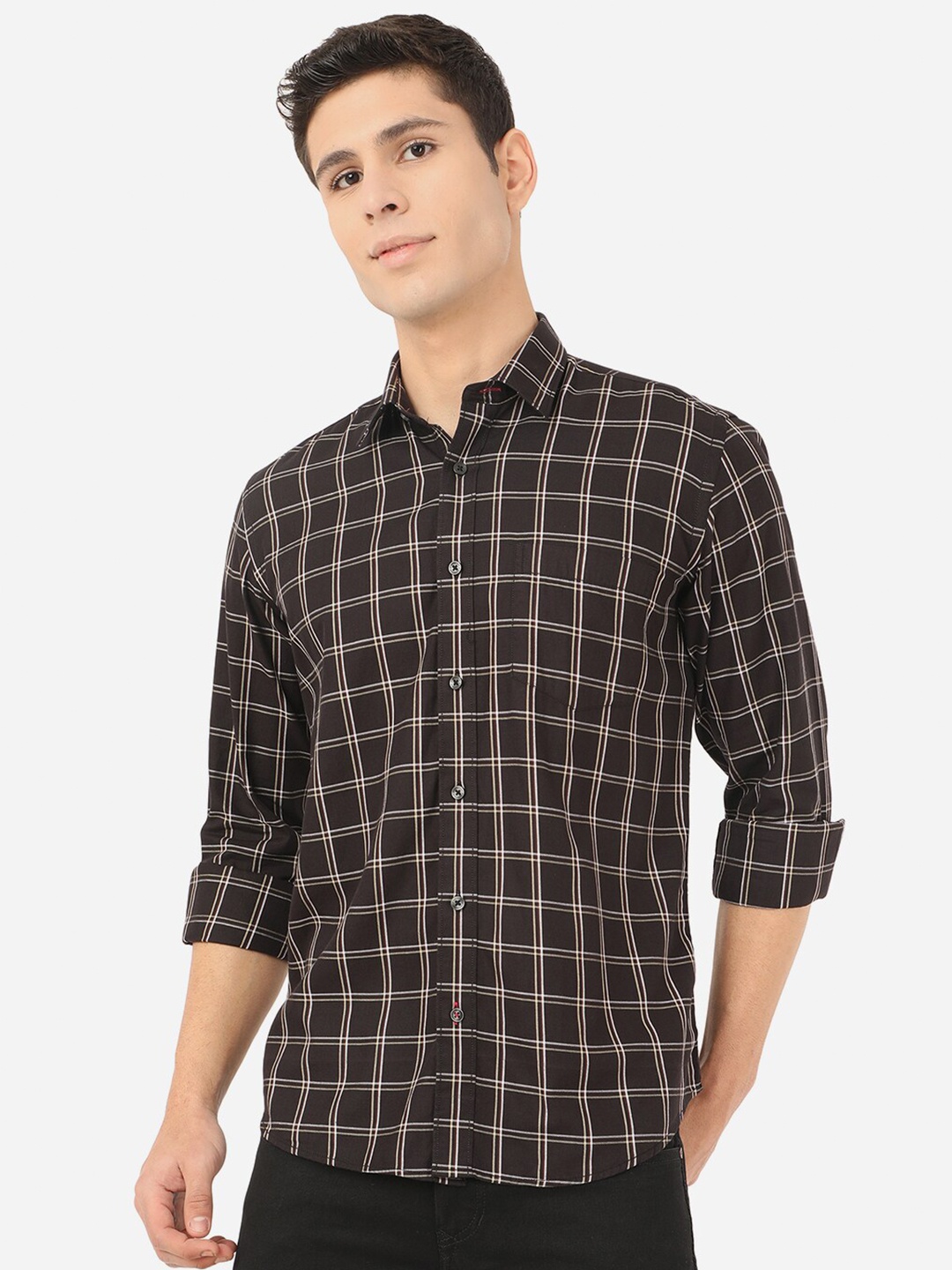 

Greenfibre Men Black Slim Fit Windowpane Checked Cotton Casual Shirt