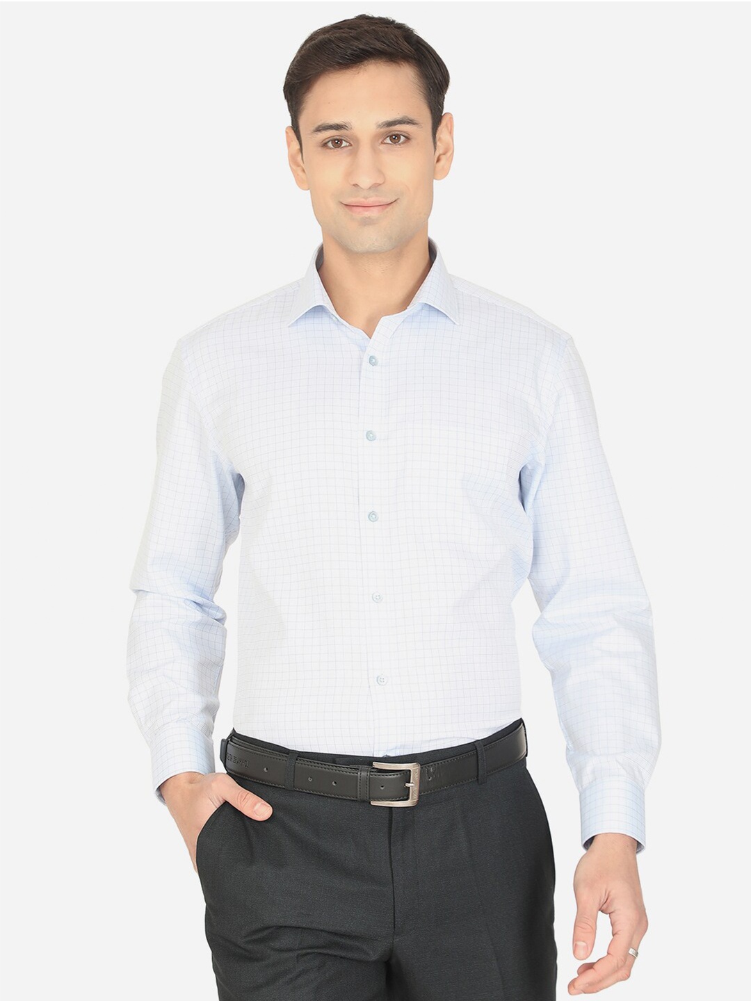 

Greenfibre Men Blue Grid Tattersall Checks Checked Formal Shirt