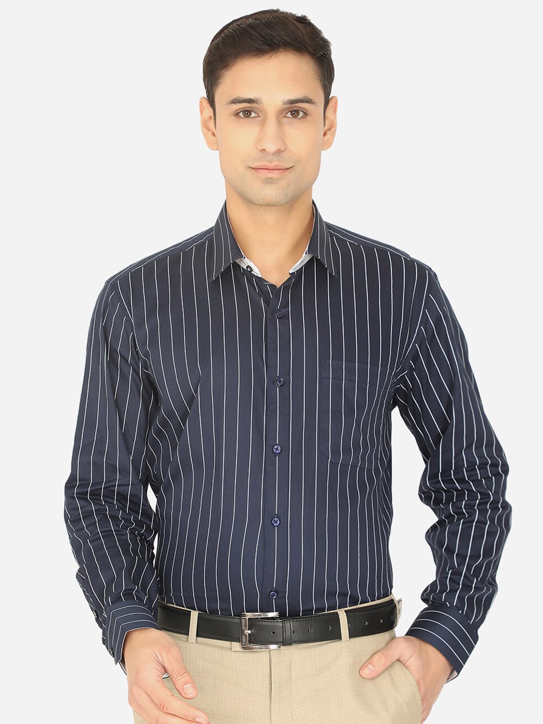 

Greenfibre Men Navy Blue Slim Fit Pinstripes Striped Pure Cotton Formal Shirt