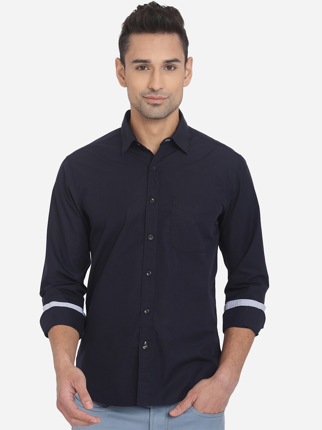 

Greenfibre Men Blue Solid Slim Fit Pure Cotton Casual Shirt, Navy blue