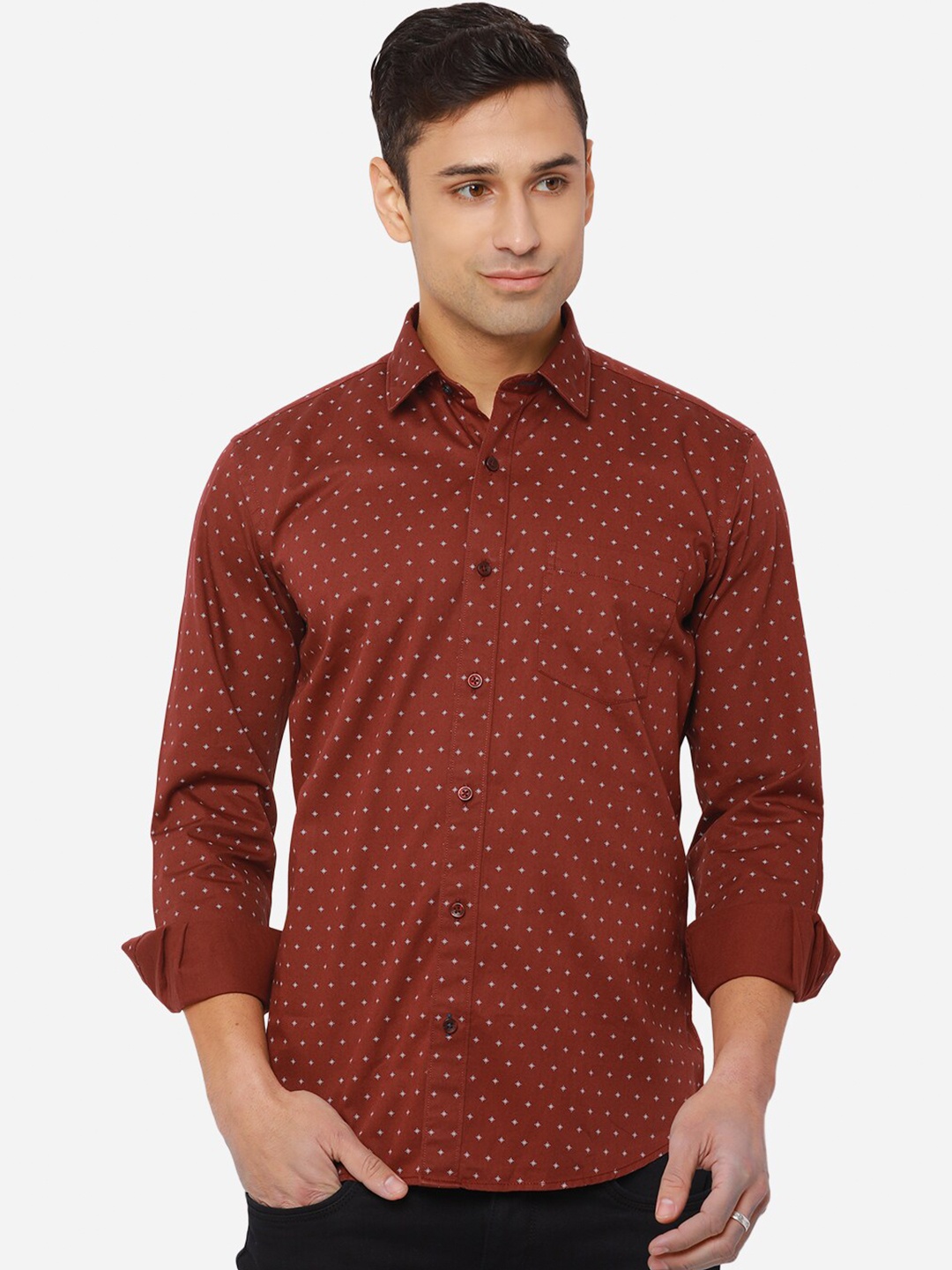 

Greenfibre Men Maroon Slim Fit Floral Printed Cotton Casual Shirt