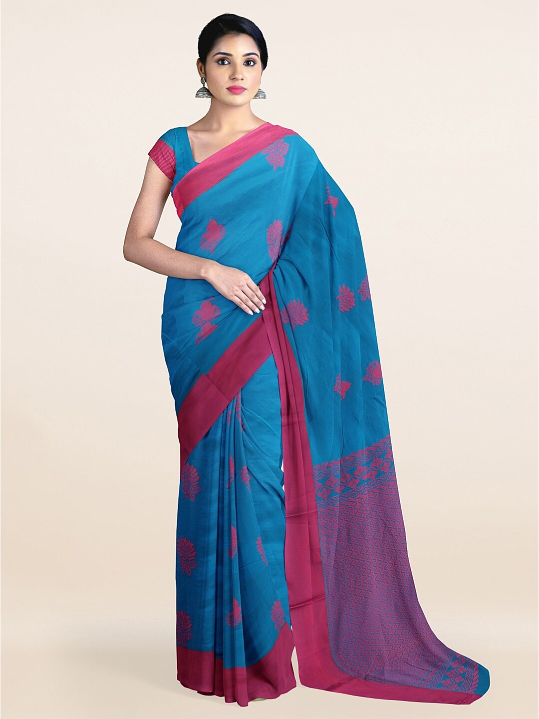 

Pothys Blue & Purple Ethnic Motifs Printed Silk Cotton Saree