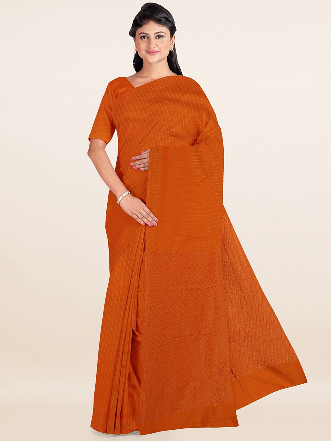 

Pothys Orange & Gold-Toned Striped Zari Silk Cotton Saree