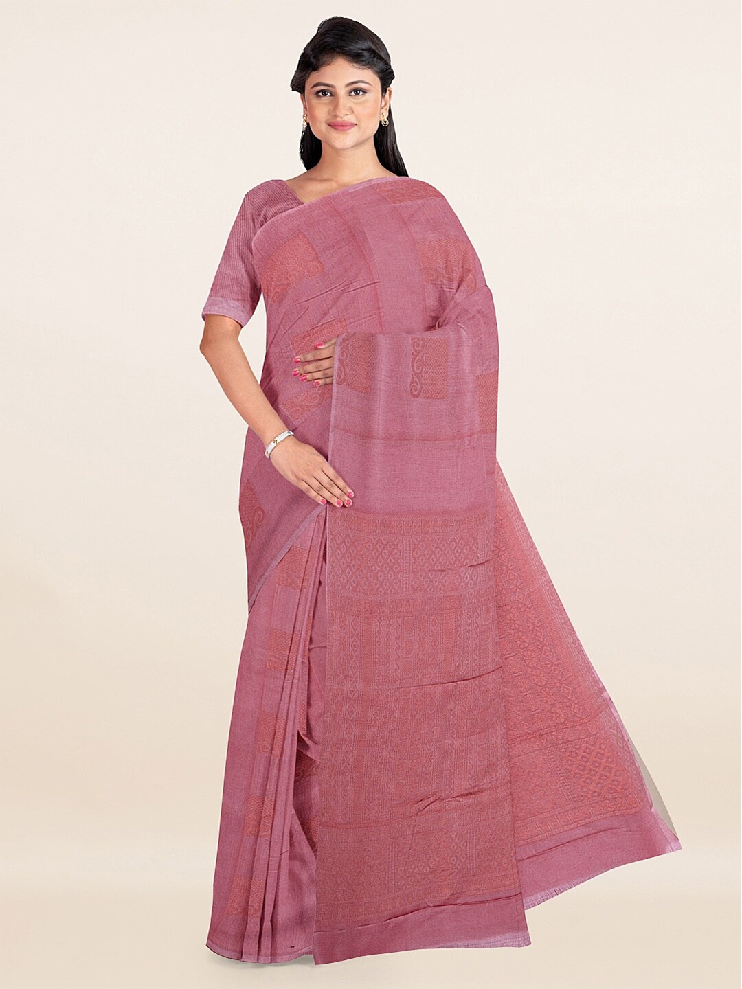 

Pothys Pink & Gold-Toned Ethnic Motifs Zari Silk Cotton Saree
