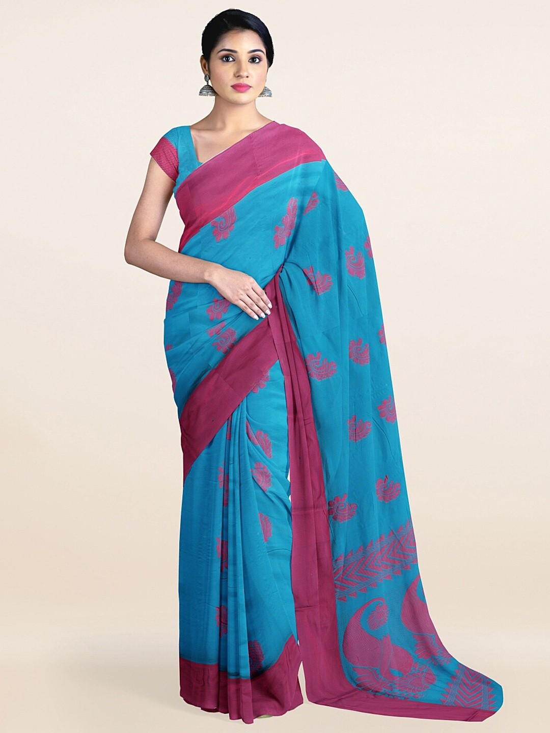 

Pothys Blue & Pink Ethnic Motifs Silk Cotton Saree