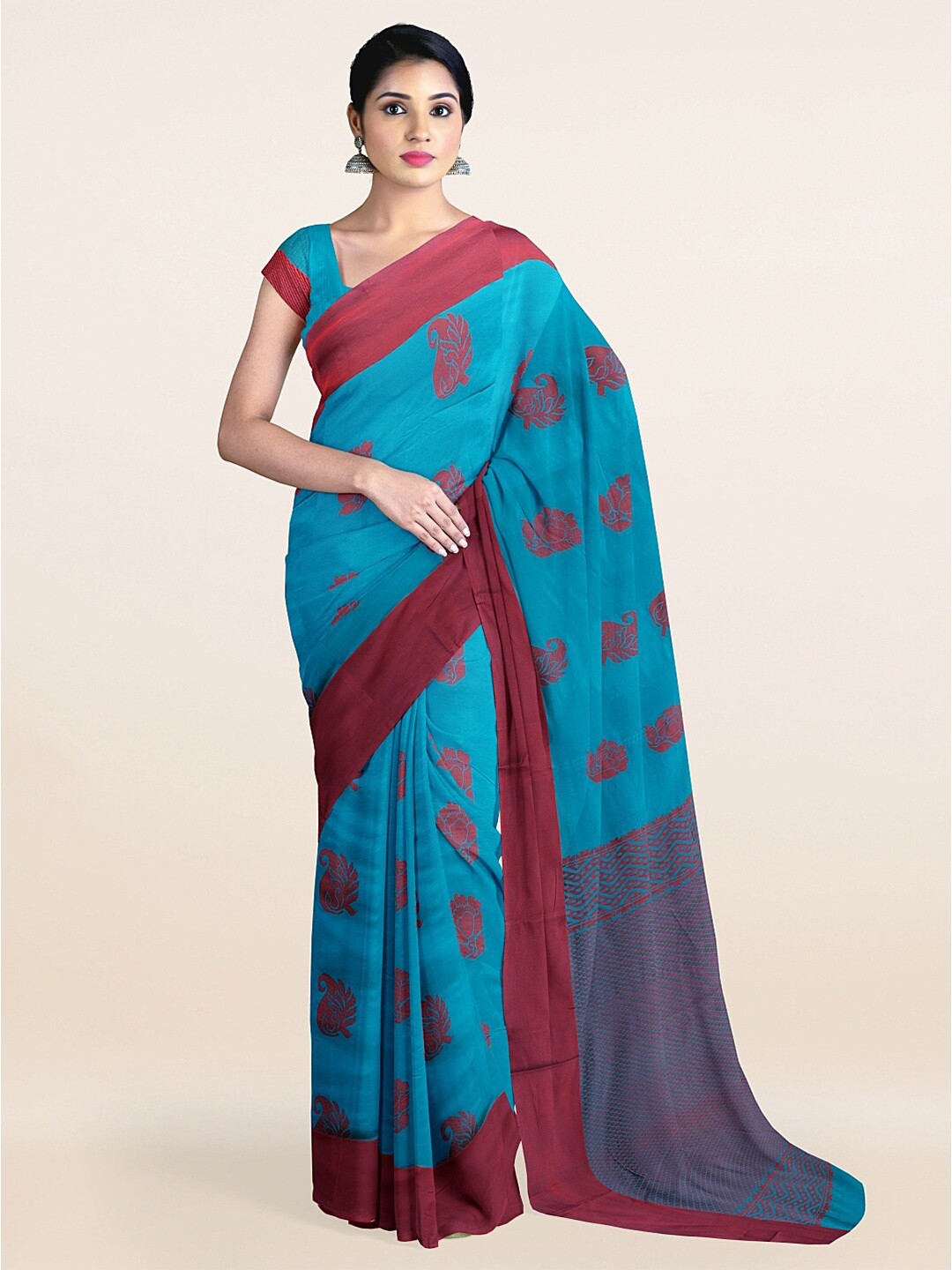 

Pothys Blue & Purple Ethnic Motifs Woven Design Silk Cotton Saree