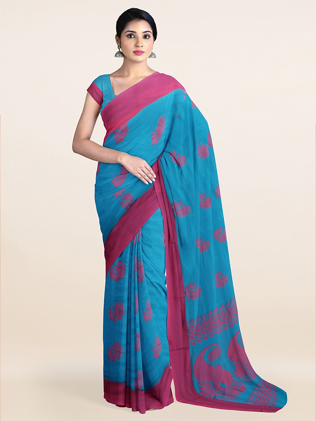 

Pothys Blue & Magenta Ethnic Motifs Woven Design Saree