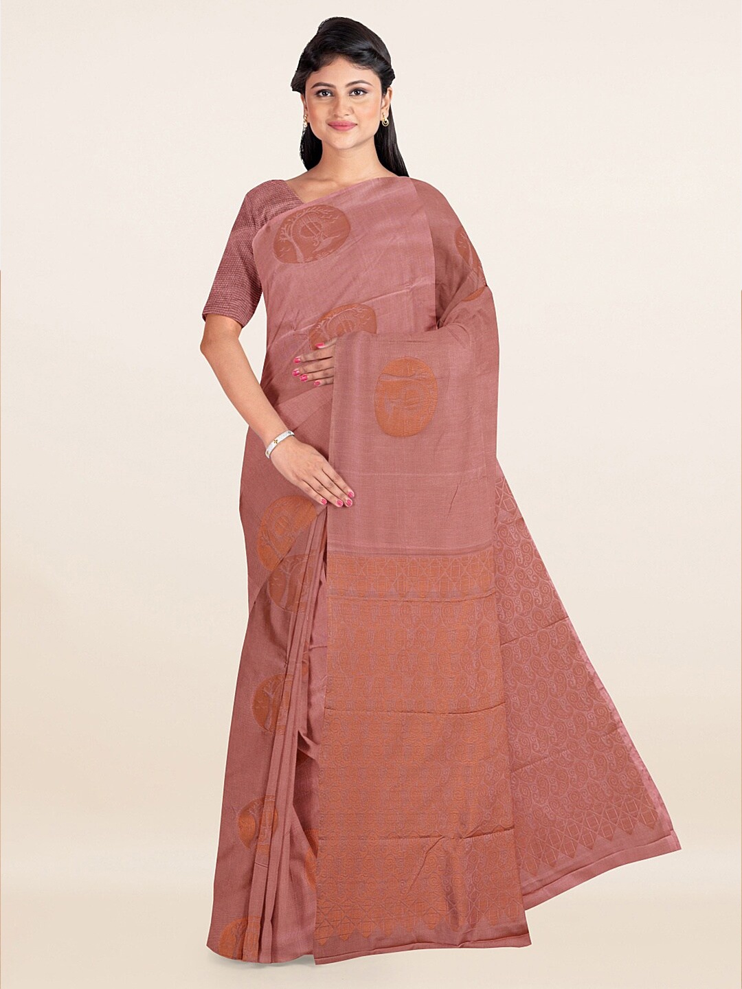 

Pothys Pink & Gold-Toned Ethnic Motifs Silk Cotton Saree