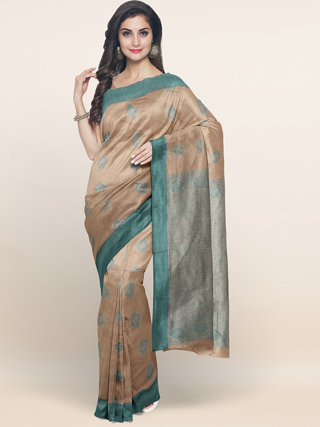 

Pothys Tan Brown & Blue Floral Silk Cotton Saree