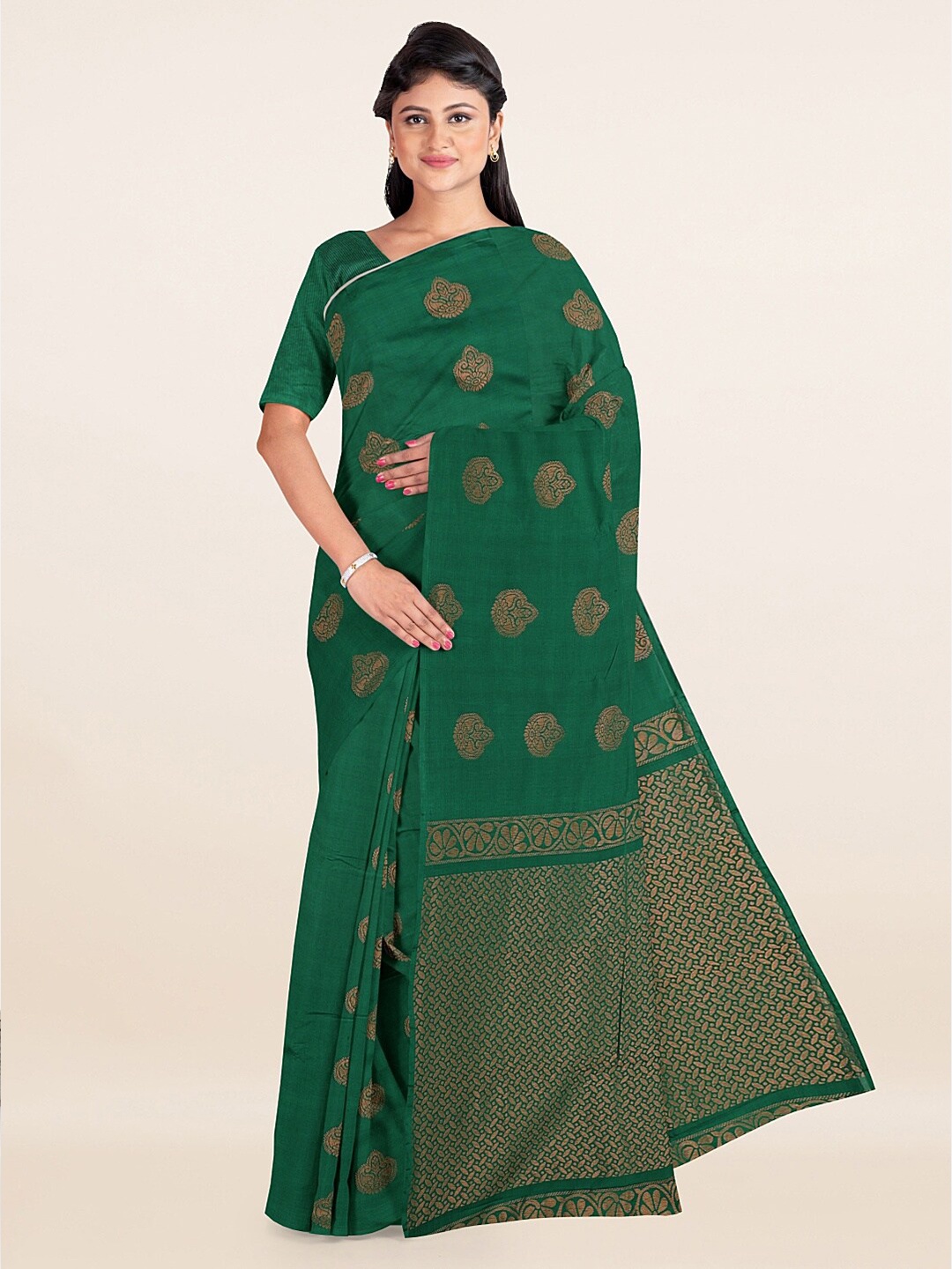 

Pothys Green & Gold-Toned Ethnic Motifs Zari Silk Cotton Saree