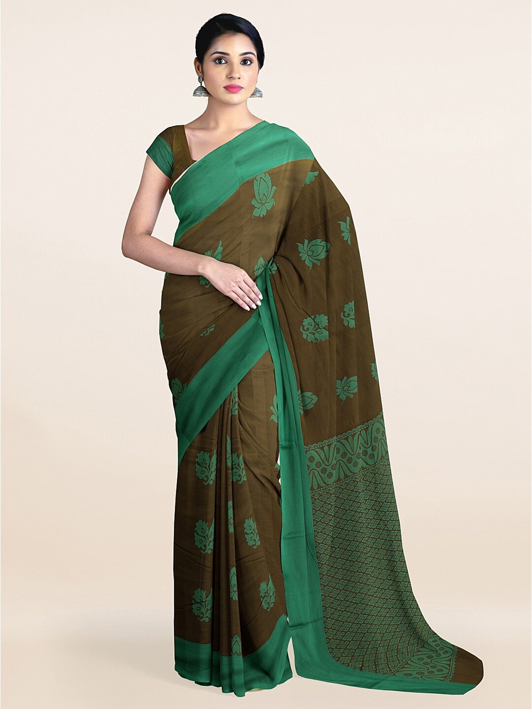 

Pothys Green & Brown Ethnic Motifs Silk Cotton Saree