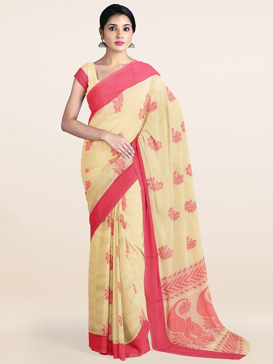 

Pothys Cream-Coloured & Magenta Ethnic Motifs Woven Design Saree