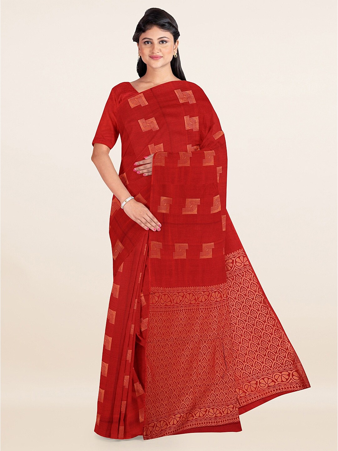 

Pothys Maroon & Gold-Toned Geometric Woven Design Saree