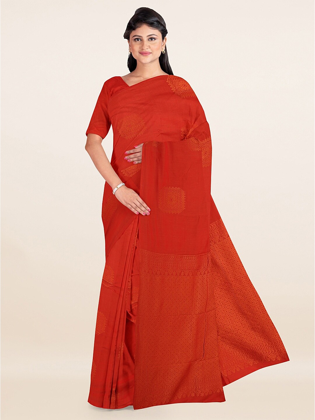 

Pothys Orange & Red Ethnic Motifs Woven Design Silk Cotton Saree