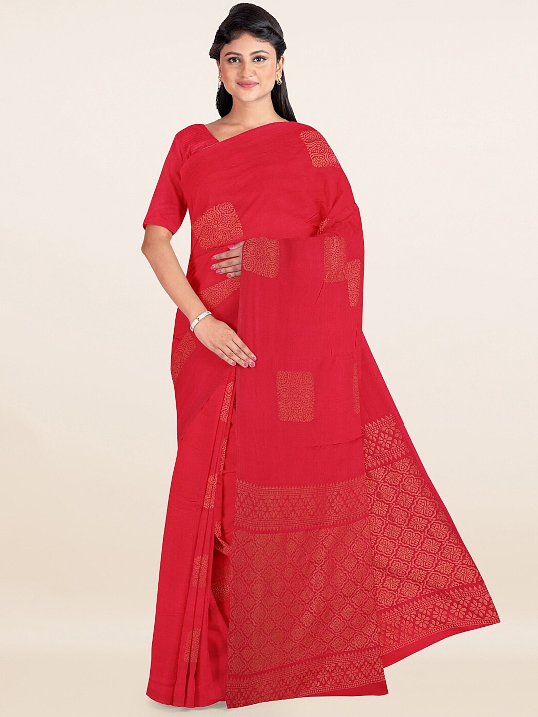 

Pothys Pink & Gold-Toned Woven Design Zari Silk Cotton Saree