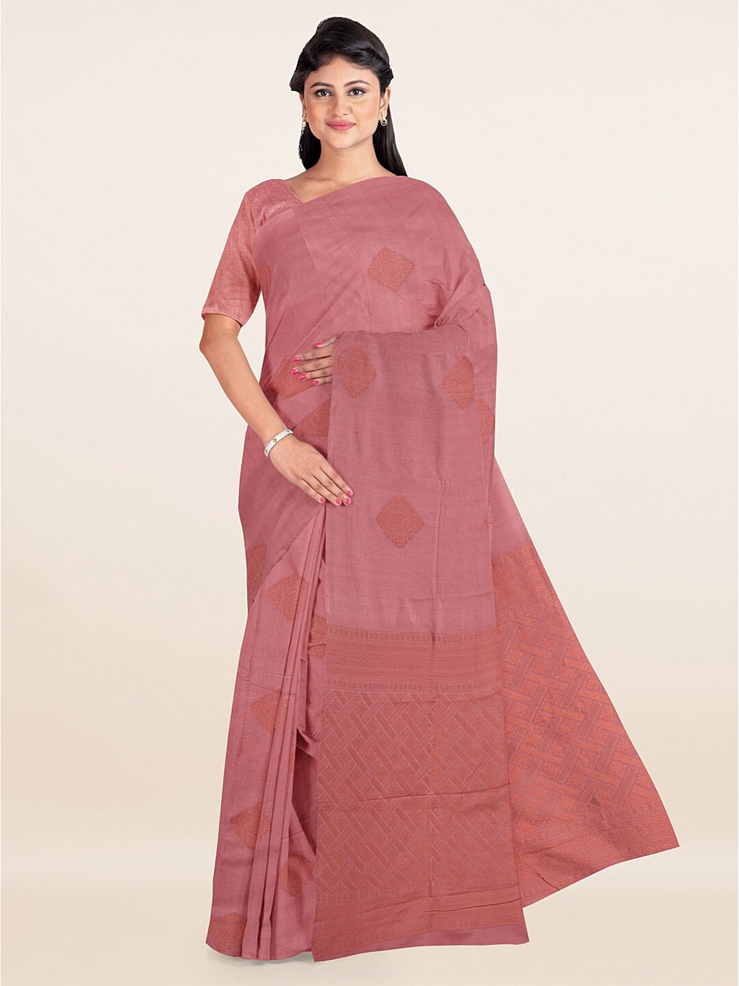 

Pothys Pink & Copper-Toned Ethnic Motifs Woven Design Saree