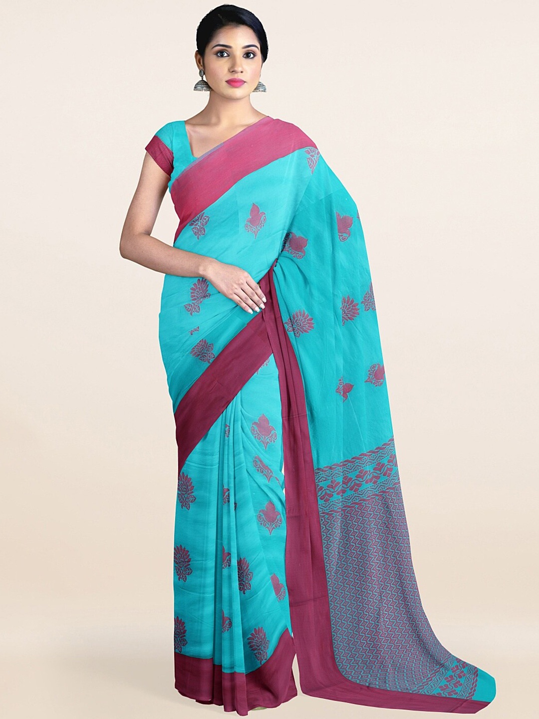 

Pothys Blue & Magenta Ethnic Motifs Silk Cotton Saree