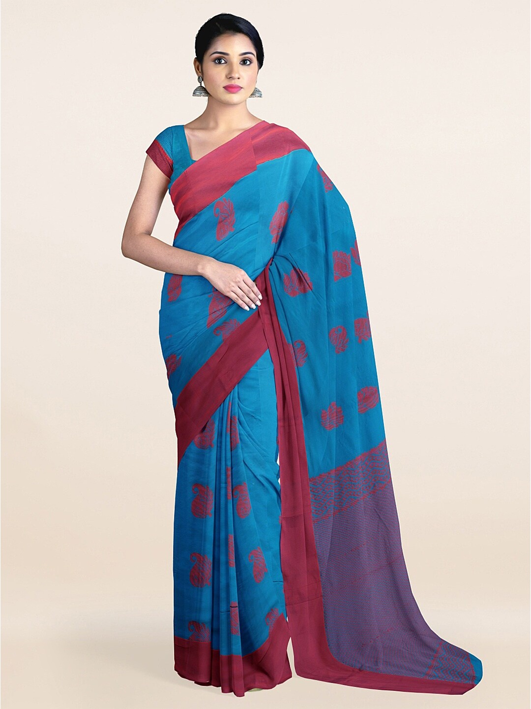 

Pothys Blue & Magenta Ethnic Motifs Silk Cotton Saree
