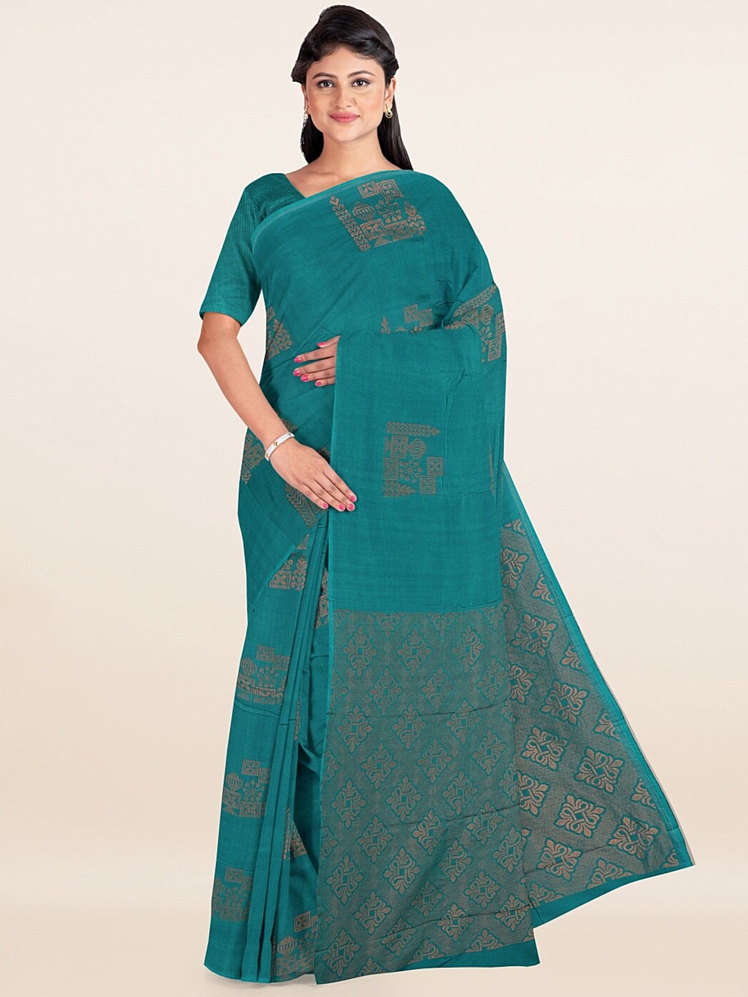 

Pothys Teal & Gold-Toned Woven Design Silk Cotton Saree